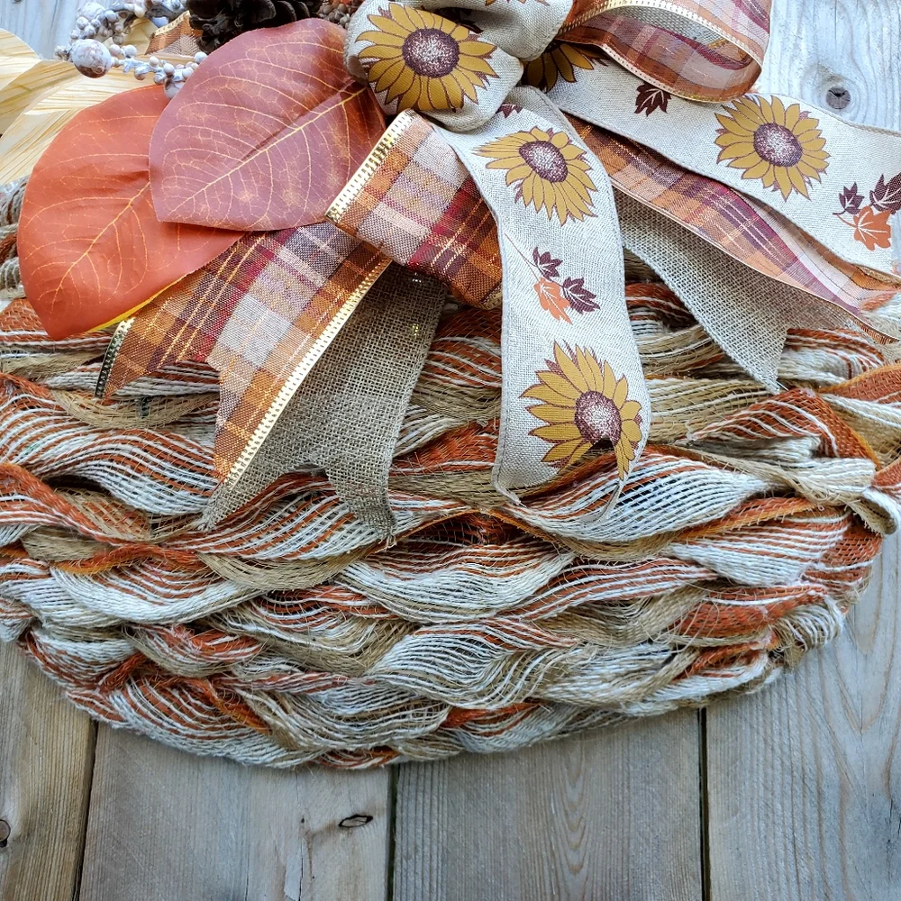 Handmade Ribbon Weaved Fall Rustic Farmhouse Hang Pumpkin